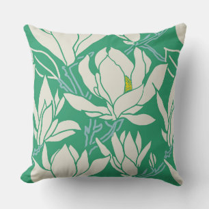 Magnolia graphic in green pattern throw pillow