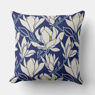 Magnolia graphic in indigo pattern throw pillow