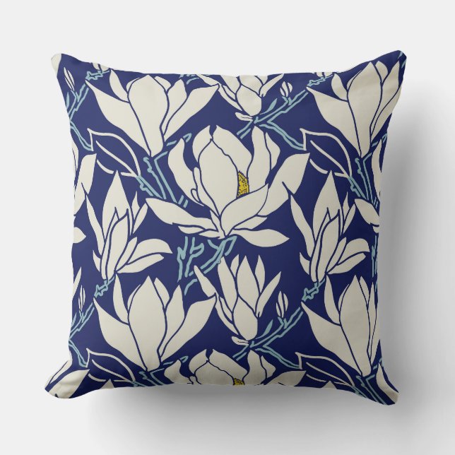 Magnolia graphic in indigo pattern throw pillow (Front)
