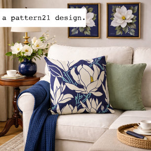 Magnolia graphic in indigo pattern throw pillow