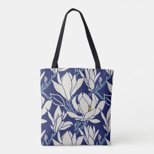 Magnolia graphic in indigo pattern tote bag