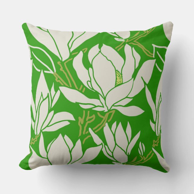 Magnolia graphic in kelly green pattern throw pillow (Front)