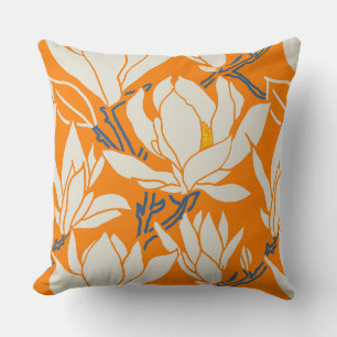 Magnolia graphic in orange pattern throw pillow