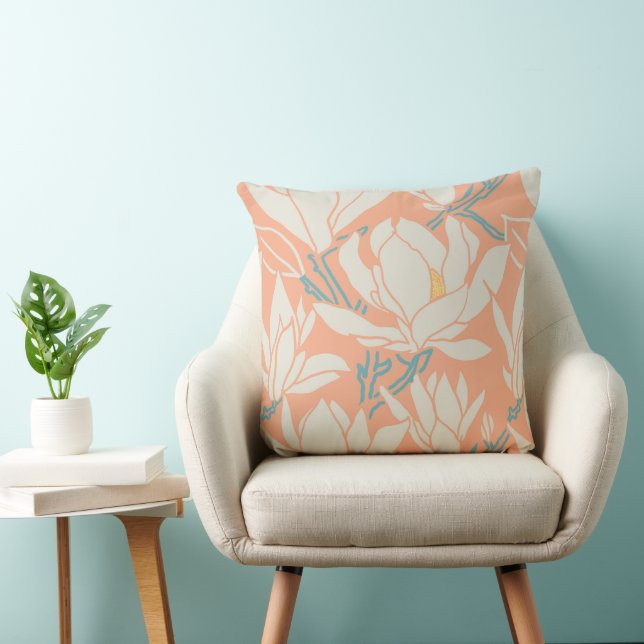 Magnolia graphic in peach pattern throw pillow (Chair)
