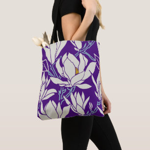 Magnolia graphic in violet pattern tote bag