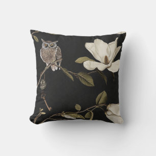 Magnolia Grove with Owls 02 Black White Olive Throw Pillow