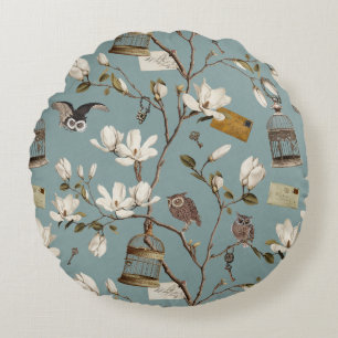 Magnolia Grove with Owls in Duck egg blue Round Pillow