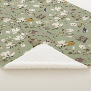 Magnolia Grove with Owls in Sage Green Sherpa Blanket