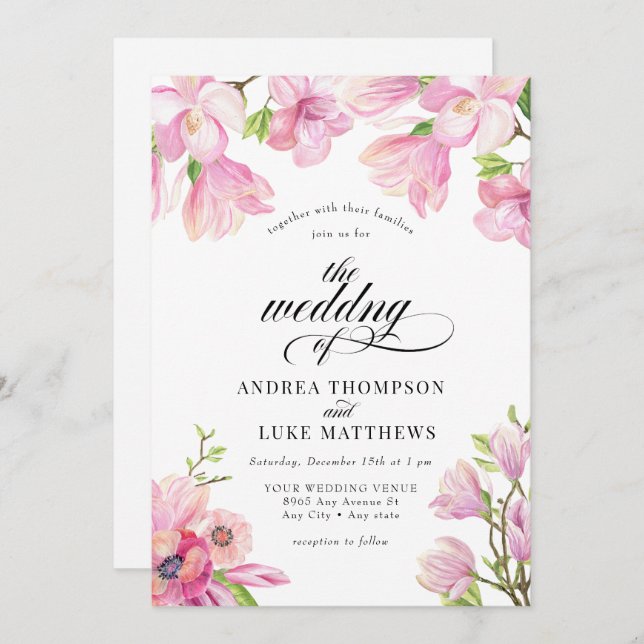 Magnolia | Invitations de mariage rose floral (Devant / Derrière)