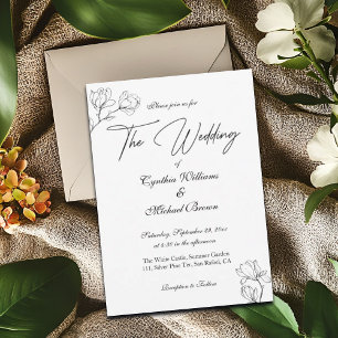 Magnolia Line Art Black and White Wedding Invitation