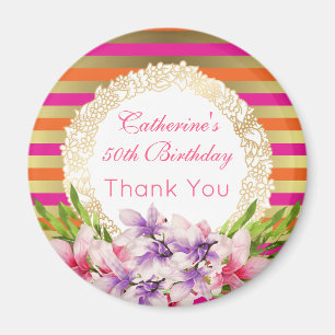 Magnolia on Pink & Faux Gold Stripes Birthday Magnet