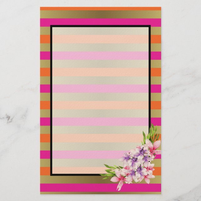Magnolia on Pink & Faux Gold Stripes Stationery (Front)