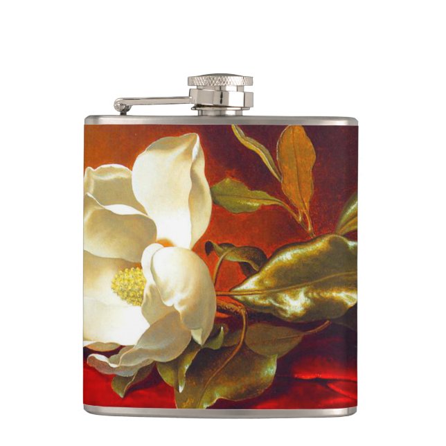 Magnolia on Red Velvet Martin Johnson Heade Hip Flask (Front)