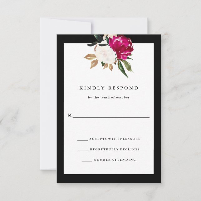 Magnolia peint | Mariage RSVP noir et blanc (Devant)
