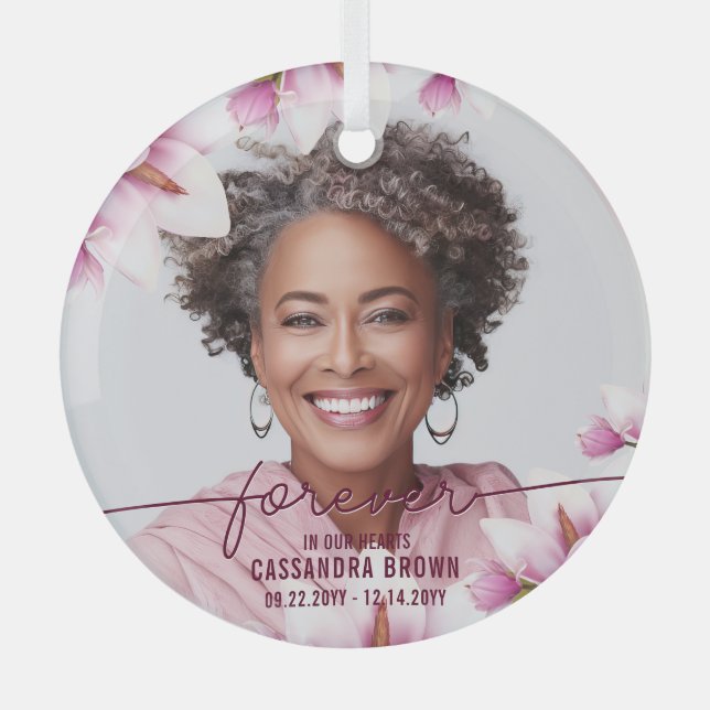 Magnolia Pink Floral Memorial Glass Ornament (Front)