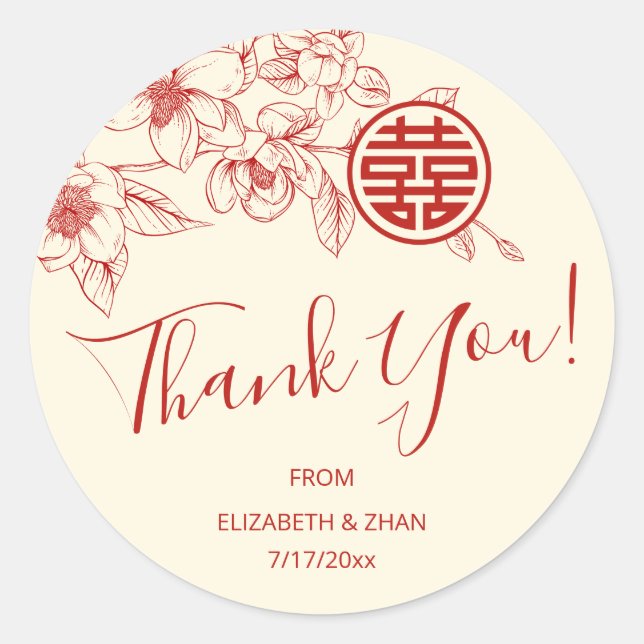 Magnolia Red Chinese Wedding Thank You Classic Round Sticker (Front)