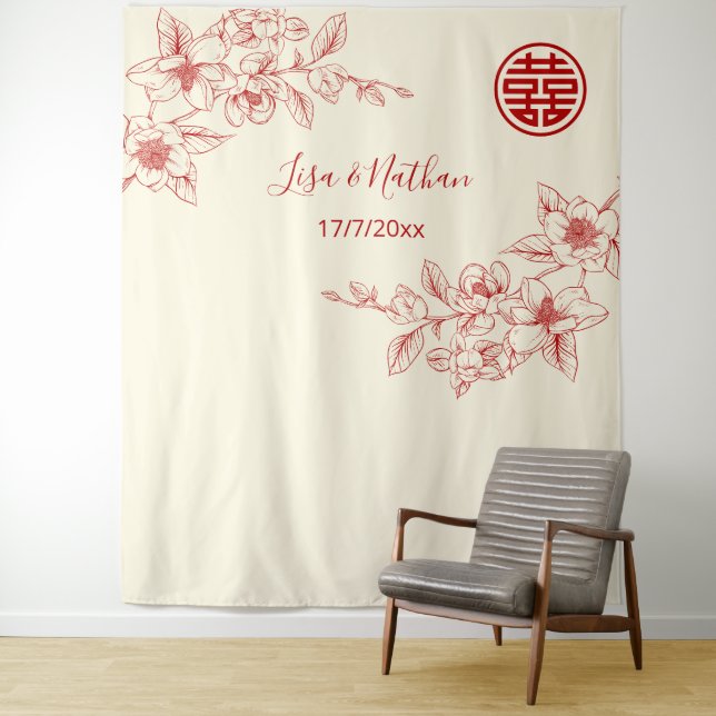 Magnolia Red Cream Chinese Backdrop Tapestry (In Situ)