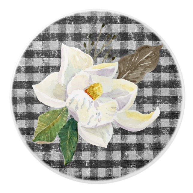 Magnolia Rustic Farmhouse Black n White Gingham Ceramic Knob (Front)