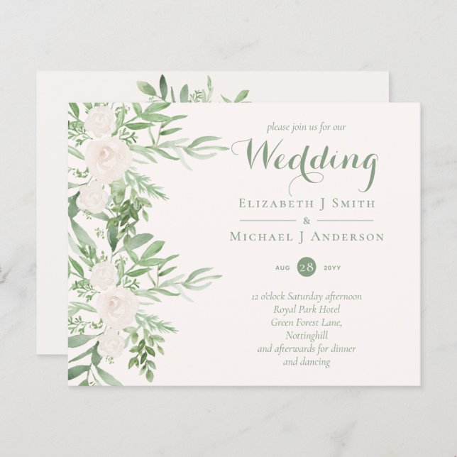 Magnolia Sage Green Floral Wedding Invites BUDGET (Front/Back)