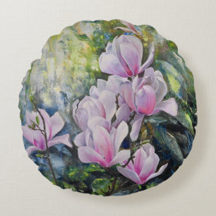 Magnolia Serenity – Floral Art by Lukian Round Pillow