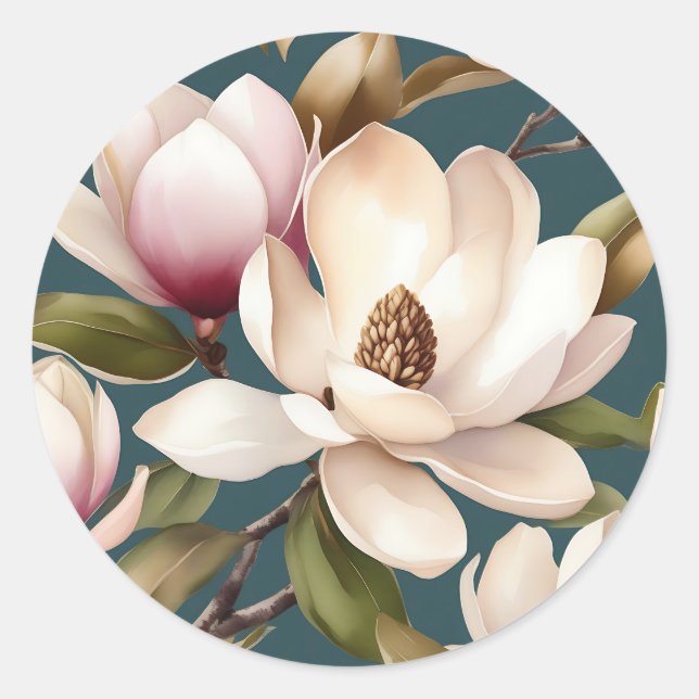 Magnolia Spring Floral Pattern Classic Round Sticker (Front)
