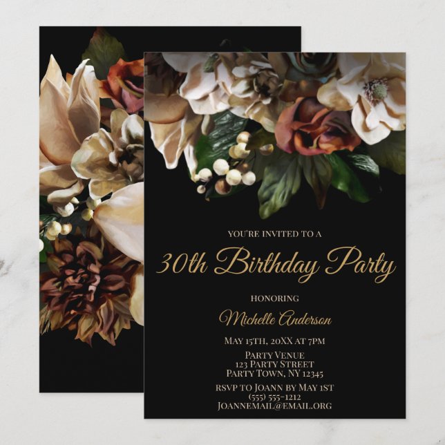 Magnolia Top Gold and Black Floral Birthday Invitation (Front/Back)