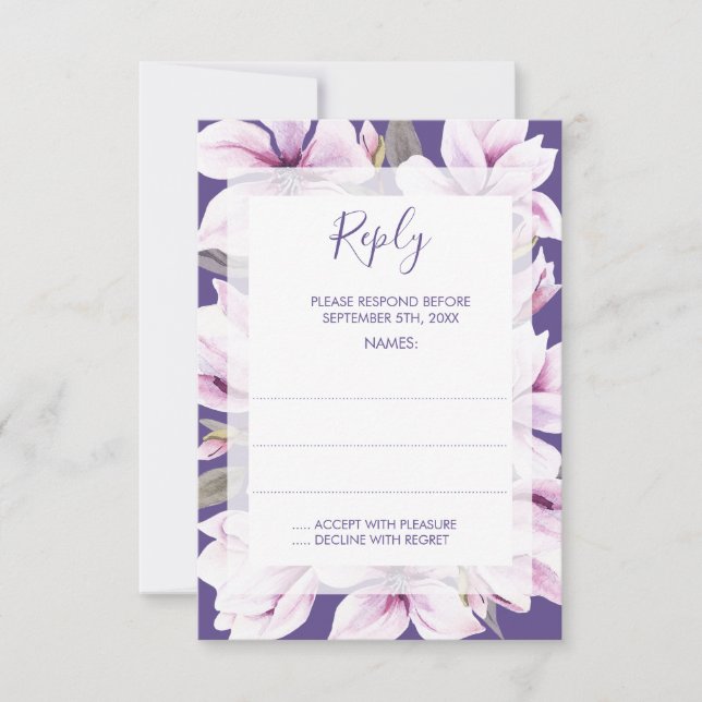 Magnolia Violet Floral Mariage Répondre Cartes (Devant)