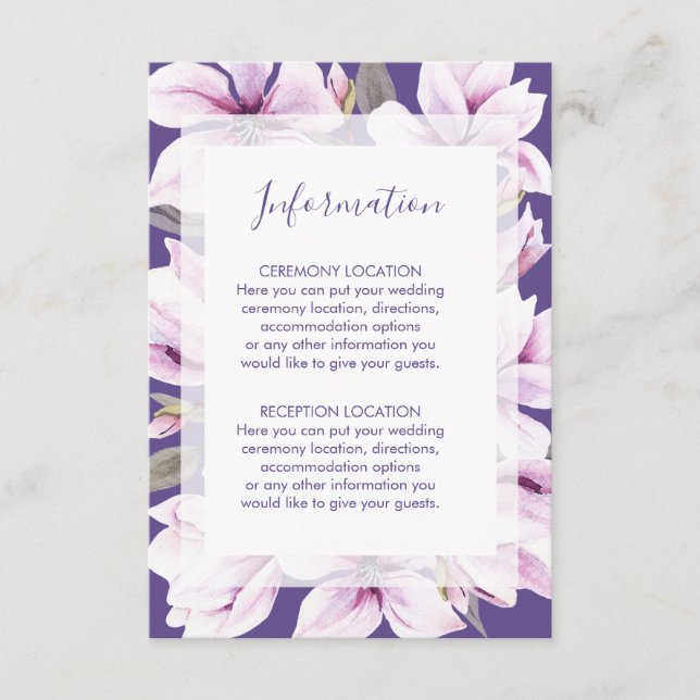 Magnolia Violet Floral Wedding Information Cards (Front)