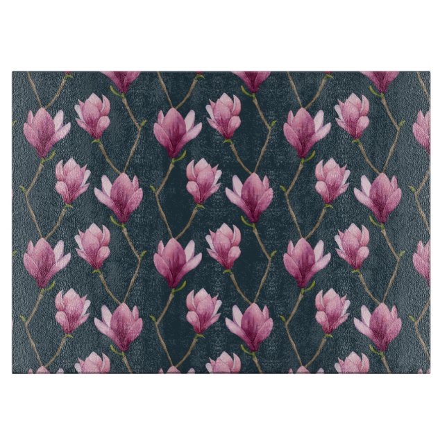 Magnolia Watercolor Floral Pattern Cutting Board (Front)