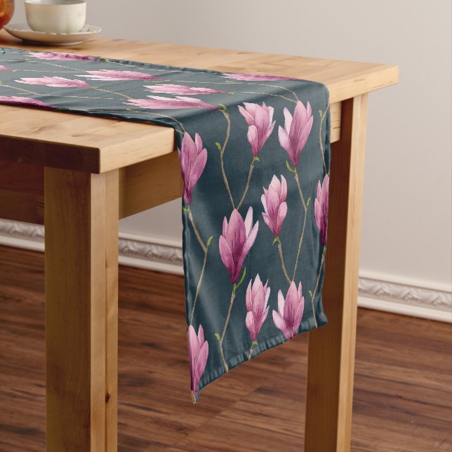 Magnolia Watercolor Floral Pattern Short Table Runner (In Situ)