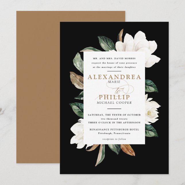 Magnolia Wedding Invitation | Black (Front/Back)