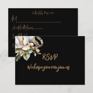 Magnolia Wedding Rings Gold and Black RSVP Card