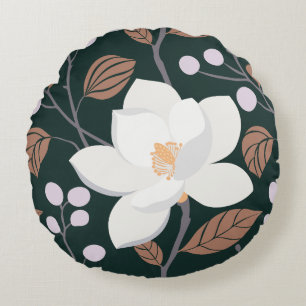 Magnolia Whisper Deep Green Brown Round Pillow