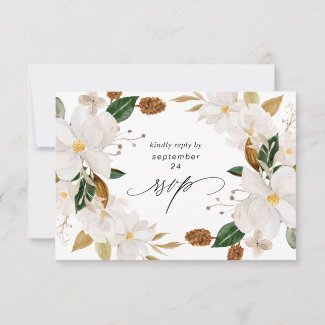 Magnolia White Floral w Meal RSVP Card (Front)