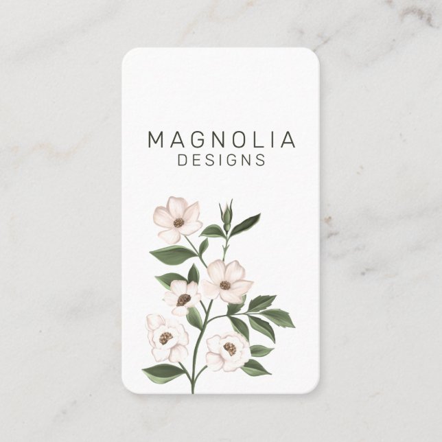 Magnolia White Flower Branch Illustration White Business Card (Front)