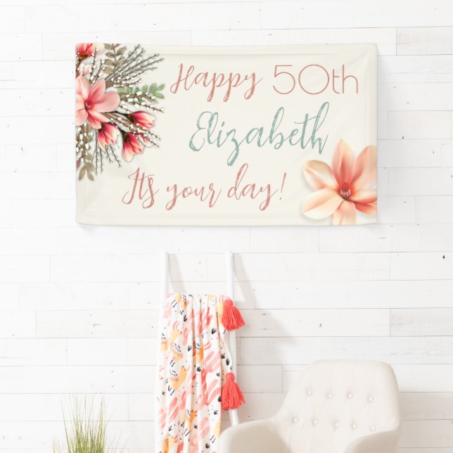 Magnolia Willow Floral Birthday Party Wall Banner (Insitu)