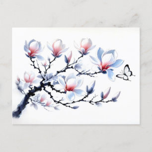 Magnolia with Butterfly Asian Ink Painting Holiday Postcard