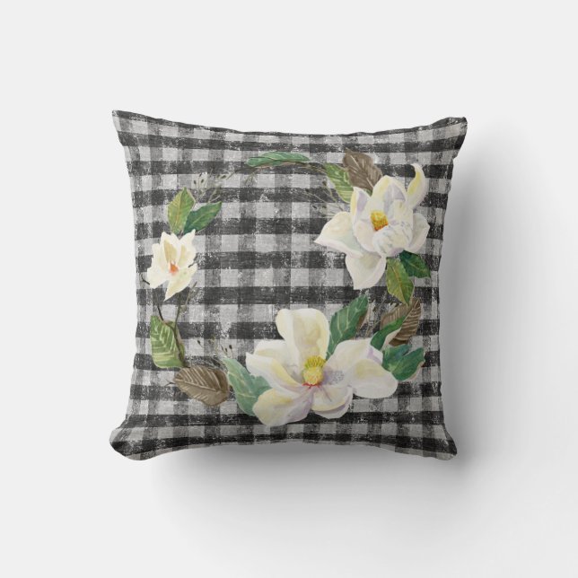 Magnolia Wreath Rustic Farmhouse Black White Check Throw Pillow (Front)