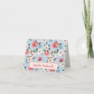 Magnolias and Carnations on Blue Personalized Note Card