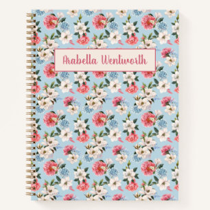 Magnolias and Carnations on Blue Personalized Notebook