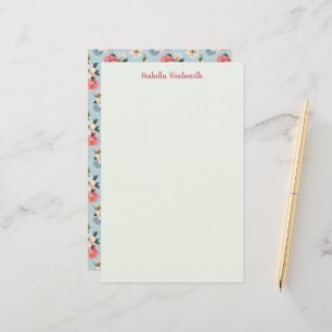 Magnolias and Carnations on Blue Personalized Stationery