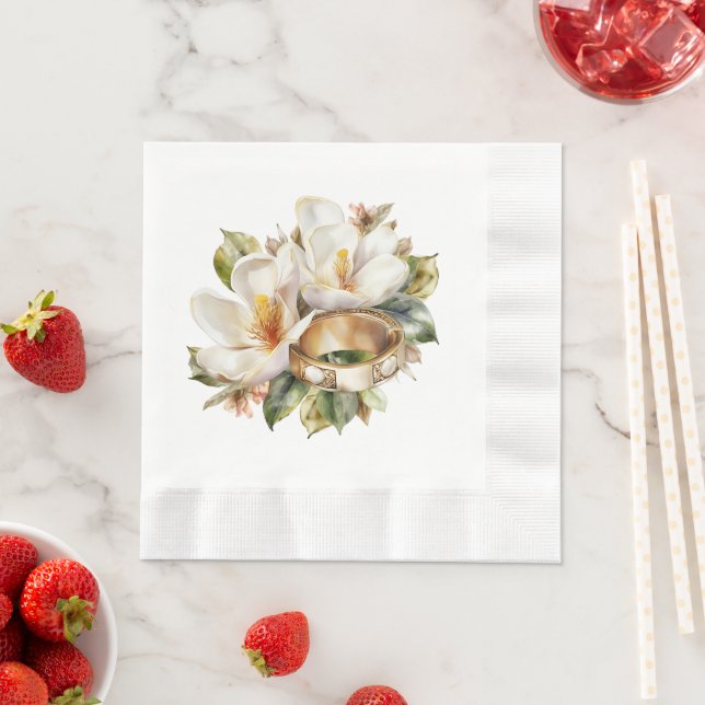Magnolias and Gold Wedding Rings Wedding Napkin (Insitu)