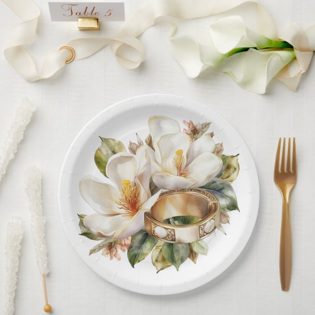 Magnolias and Gold Wedding Rings Wedding Paper Plate (Wedding)