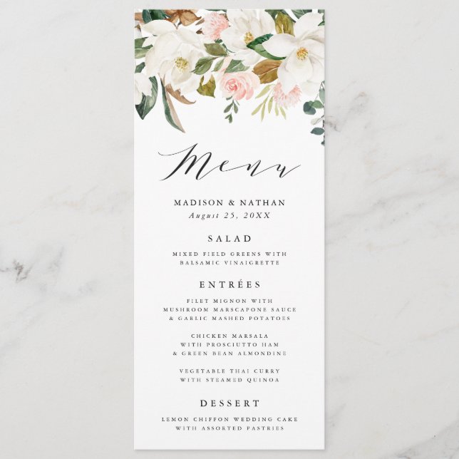 Magnolias aquarelles | Carte de menu Mariage (Devant)