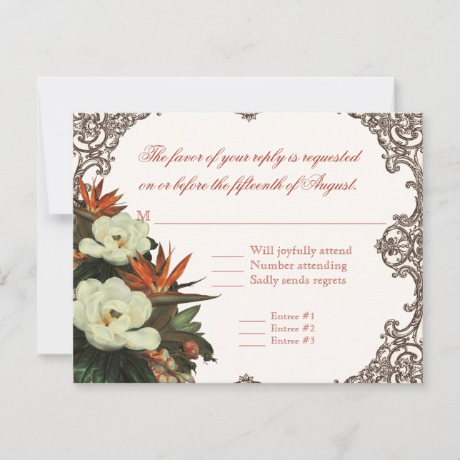 Magnolias n Bird of Paradise - Custom Wedding RSVP Card (Front)