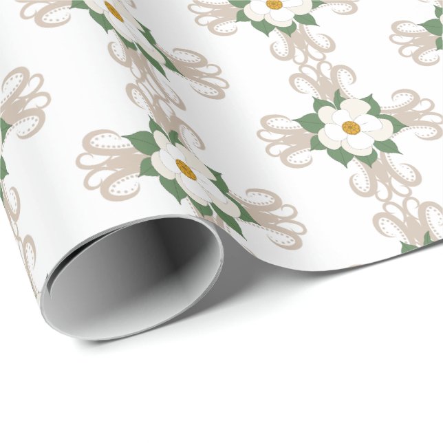 Magnolias on Crosses Floral Pattern Greige | White Wrapping Paper (Roll Corner)
