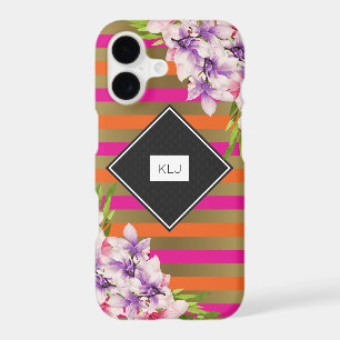 Magnolias on Pink & Faux Gold Stripes Monogram