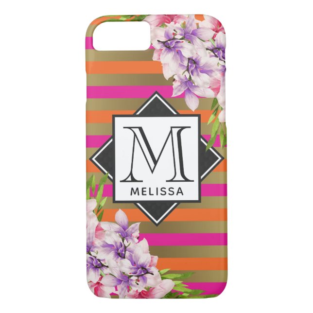 Magnolias on Pink & Faux Gold Stripes Monogram Case-Mate iPhone Case (Back)
