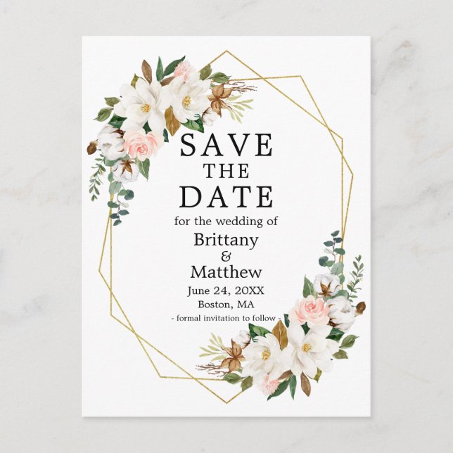 Magnolias Pink Roses Gold Geo Frame Save The Date Postcard (Front)