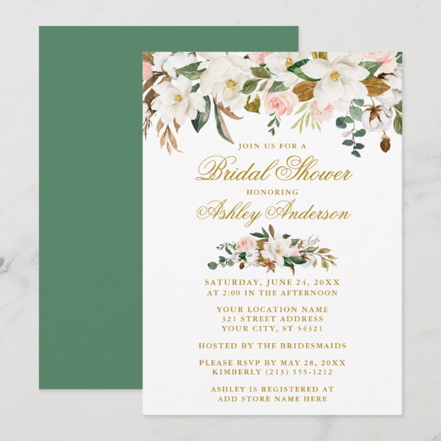 Magnolias Roses Gold Green Elegant Bridal Shower Invitation (Front/Back)